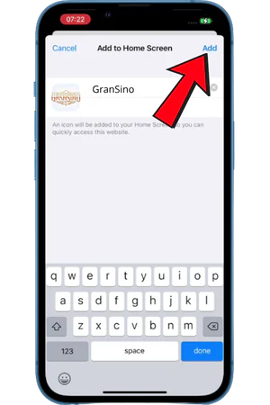 iPhone-bevestigingsscherm met GranSino-naam en Voeg toe-knop