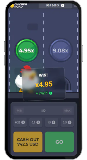 Chicken Road App winnende ronde met multiplier 4.95x in oranje cashout
