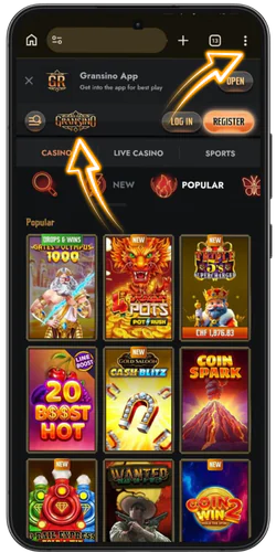 Gransino casino hoofdpagina met Chicken Road app banner in mobiele browser
