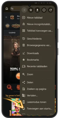 Android browsermenu met optie Toevoegen aan startscherm voor Chicken Road app