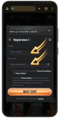Gransino registratieformulier voor de Chicken Road app