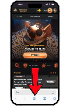 Deelknop in Safari op iPhone gemarkeerd voor Chicken Road installatie