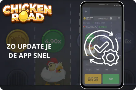 Chicken Road app updaten met tandwiel- en vinkje-icoon