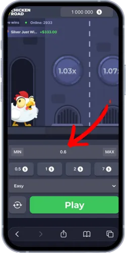 Virtuele inzet kiezen tussen 0,10 en 100 euro in de Chicken Road demo